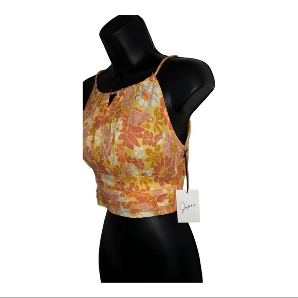 Orange multicolor shirred cutout bust tiered hem cropped halter top size XS new - Picture 3 of 12
